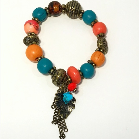 Colorful Stretch Bracelet Wood Acylic Brass Beads Peach Turquoise Coral Colors - Picture 1 of 4
